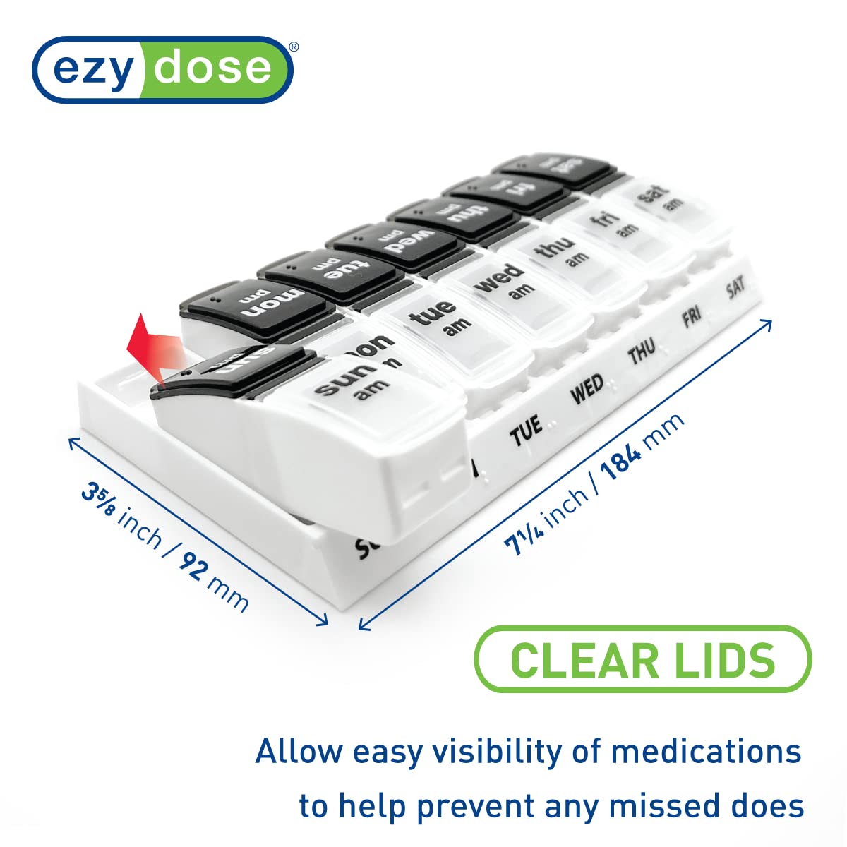 EZY DOSE Weekly (7-Day) Daily AM/PM Pill Case, Medicine Planner, Vitamin Organizer, Supplement Container, Large Pop-Out Compartments, Designed for Travel 2 Times a Day, Black and White Lids