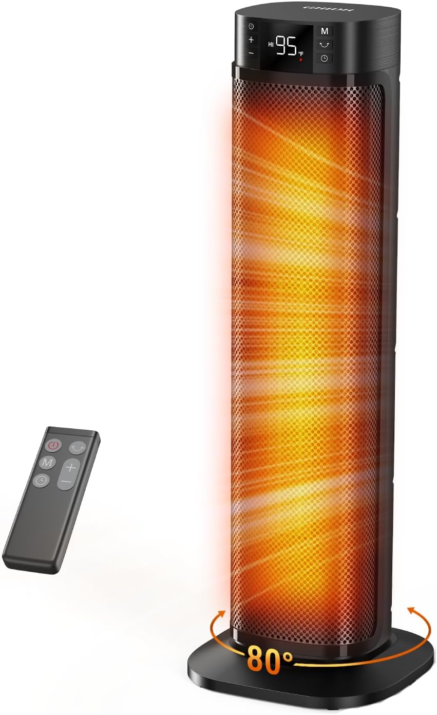Space Heaters for Indoor Use, 24" Electric Space Heater, 1500W PTC Ceramic Heater for Office with Remote, Thermostat, 3 Modes, 35dB Quiet, 12H Timer Portable Heater for Bedroom Home Large Rooms