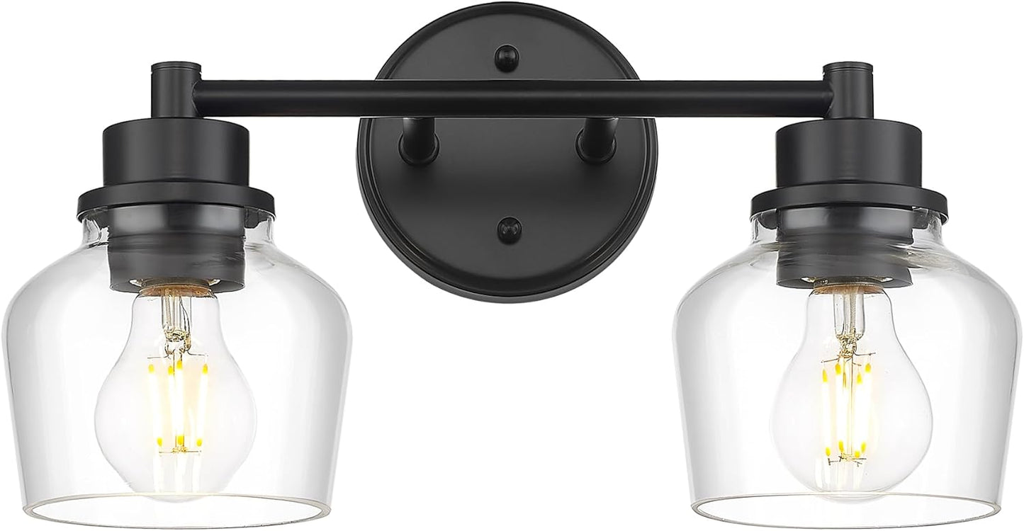 Emak Modern Black Bathroom Lights, Farmhouse Vanity Lighting Fixtures with Clear Glass Shade, 2-Light Vanity Lights for Bathroom, Makeup Desk, Mirror, VL122-BK-CG-2