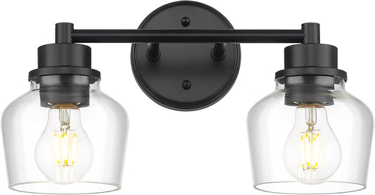 Emak Modern Black Bathroom Lights, Farmhouse Vanity Lighting Fixtures with Clear Glass Shade, 2-Light Vanity Lights for Bathroom, Makeup Desk, Mirror, VL122-BK-CG-2
