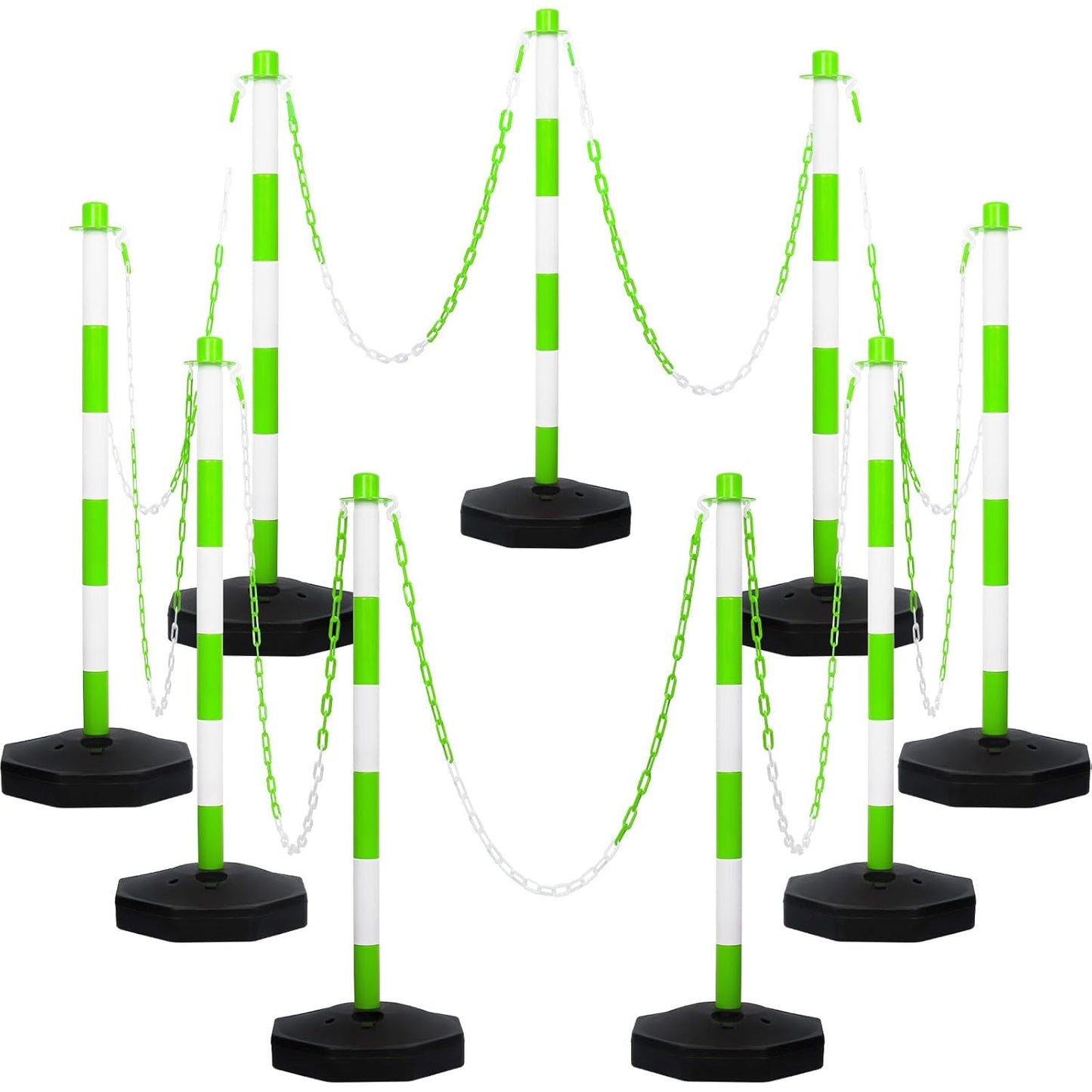 Amylove 9 Packs Traffic Delineator Post Cone with Base, Traffic Cones Safety Cones Caution Cones Plastic Stanchion Chain Safety Barriers with 6.6 Feet Link Chain and S Hooks for Parking Lot (Green)