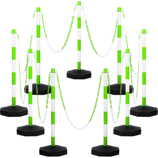 Amylove 9 Packs Traffic Delineator Post Cone with Base, Traffic Cones Safety Cones Caution Cones Plastic Stanchion Chain Safety Barriers with 6.6 Feet Link Chain and S Hooks for Parking Lot (Green)
