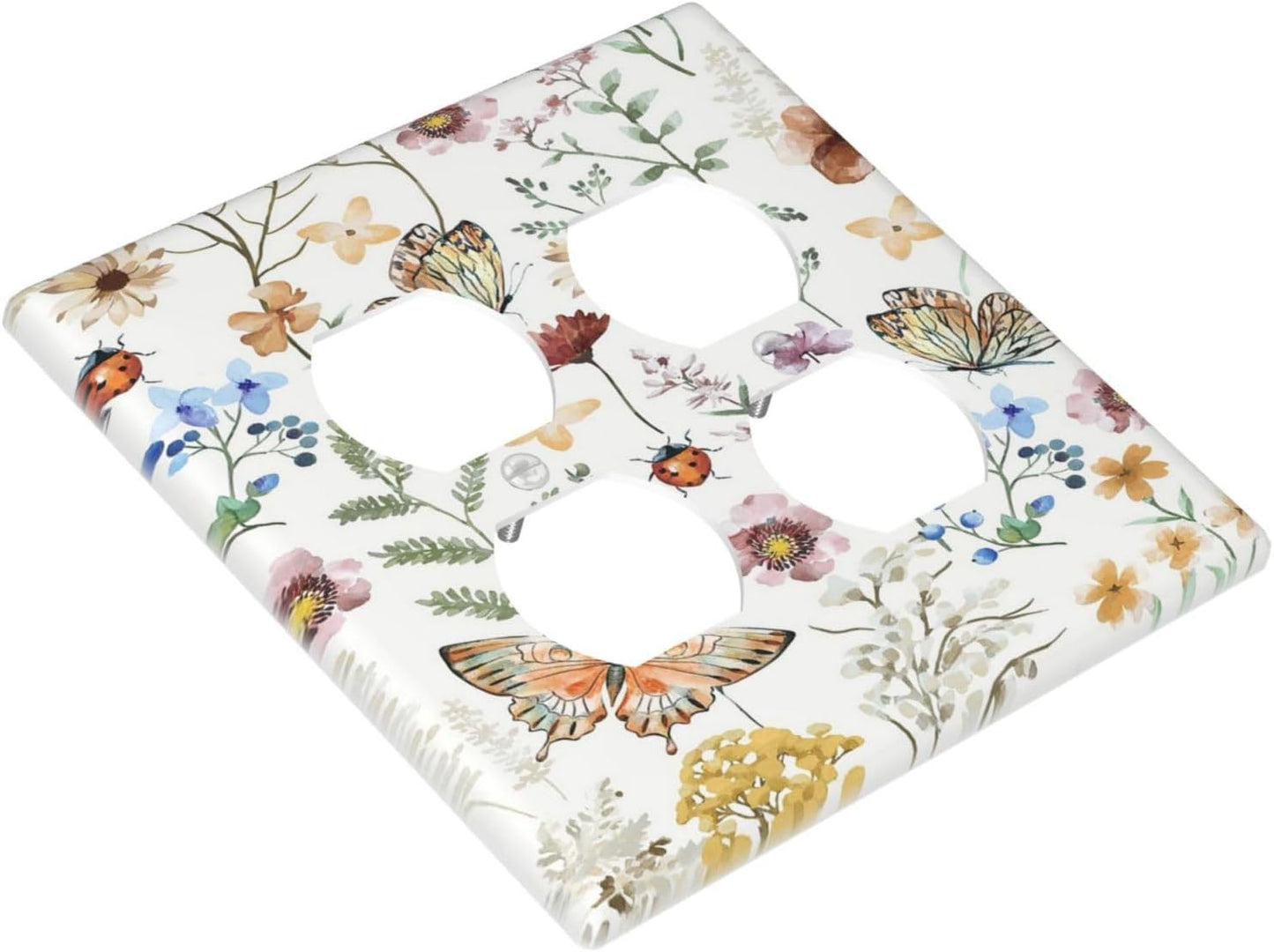 Decorative Outlet Covers Rustic White Butterfly Flowers Leaves 2 Gang Wall Plate Cover Double Duplex Receptacle Two Switch Light Switch Cover Plate Jumbo Dual Faceplate for Home Decor