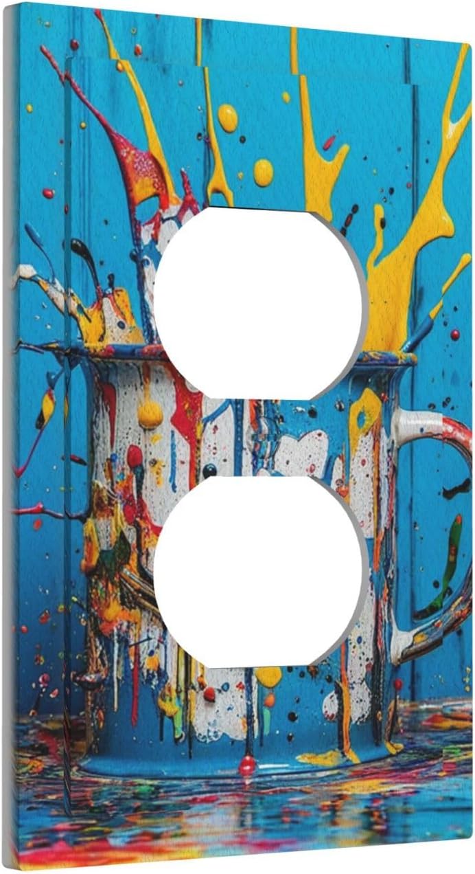 Decorative Outlet Covers Colorful Paint Splatters Blue Wood Plank 1 Gang Duplex Light Switch Cover Plate Wall Plates for Electrical Outlets Switchplate Faceplate