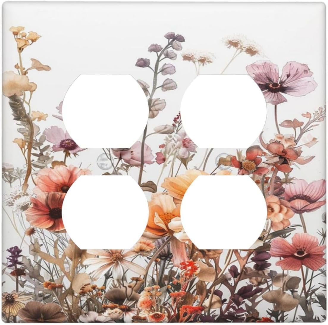 Boho Nursery Wildflower Flora Vintage Flower Outlet Covers 2 Gang Double Duplex Decorative Light Switch Covers Electrical Wallplates Socket Faceplate for Bedroom Living Room Decor