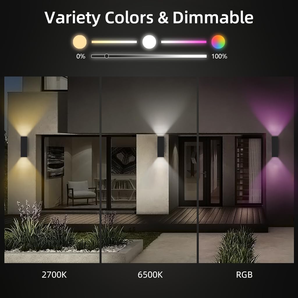 KIZON Smart Porch Lights 2 Pack, Modern Dusk to Dawn Exterior Lighting Fixtures Color Changing App Control with Remote, Dimmable RGB Outdoor Wall Lights for House Patio Garage Theater, ETL Listed