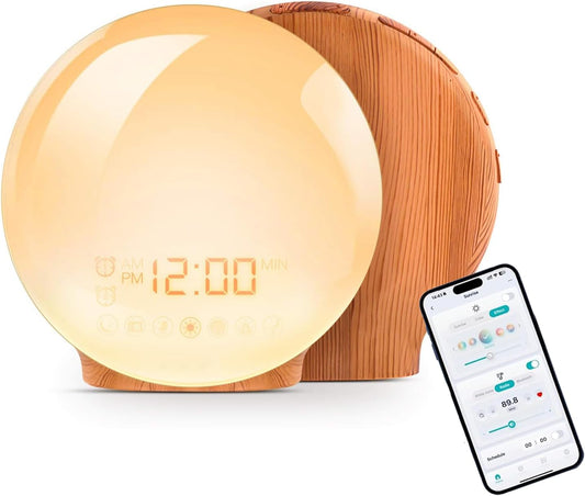 Smart APP Sunrise Alarm Clock with 4 Alarms & Natural Sounds for Heavy Sleepers, App No Signup, Wake Up Light, 11 Night Ligh, Sleep Aid 7 White Noise Machines & FM, Wireless Speaker (Wood Grain, 1PCS)