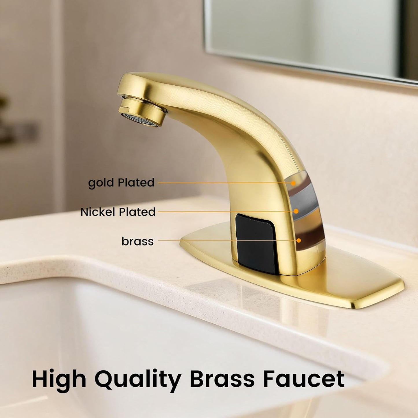 Touchless Bathroom Sink Faucet，Automatic Motion Sensor Faucets with Deck Plate for Commercial Lavatory Gold Plated