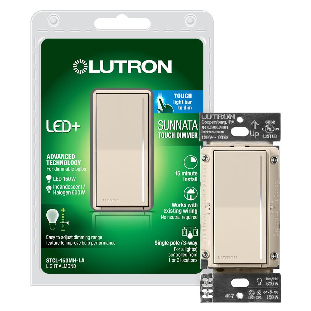 Lutron Sunnata Touch Dimmer Switch, LED+ Advanced Technology for LED and Incandescent, 3 Way/Multi Location, STCL-153M-LA, Light Almond