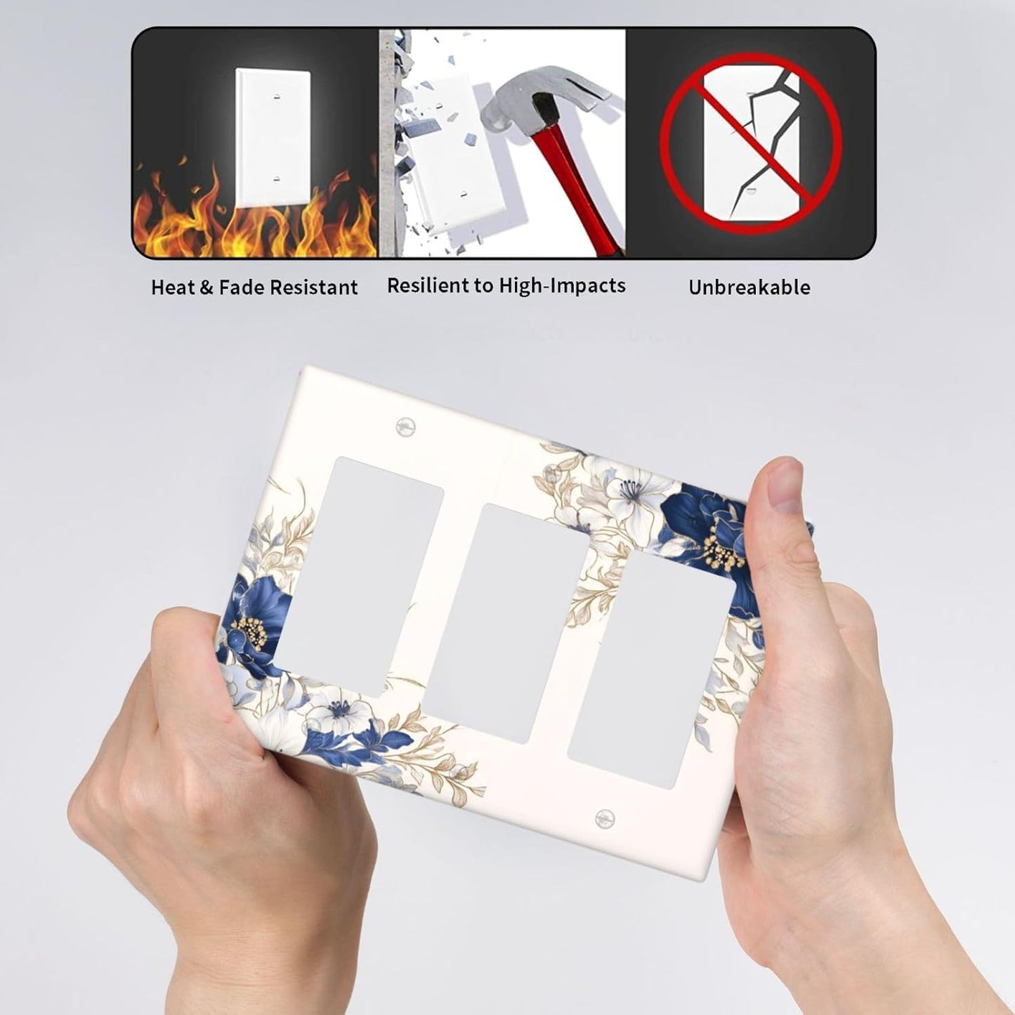 Decorative Outlet Covers Rustic Blue Beige Flower Peony Floral 3 Gang Light Switch Cover Plate Triple Rocker Wall Plates for Electrical Outlets Switch Plate Covers for Bedroom Home Decor