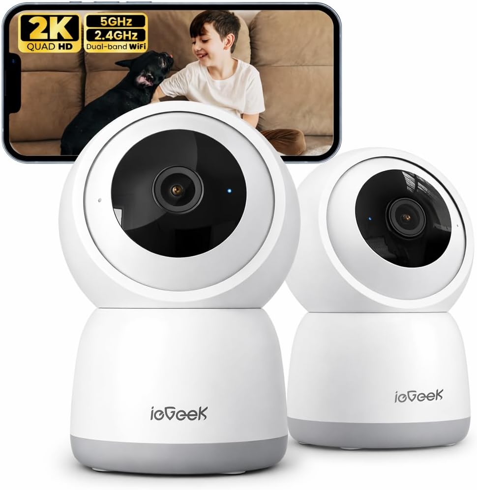 ieGeek 2K Indoor Security Camera, 5G/2.4G WiFi Pet Cameras for Home Security, 360° Dog Cam w/Auto Tracking, Smart Motion Detection, Phone App, Baby Monitor, 3MP Night Vision, Works with Alexa(2 Pack)