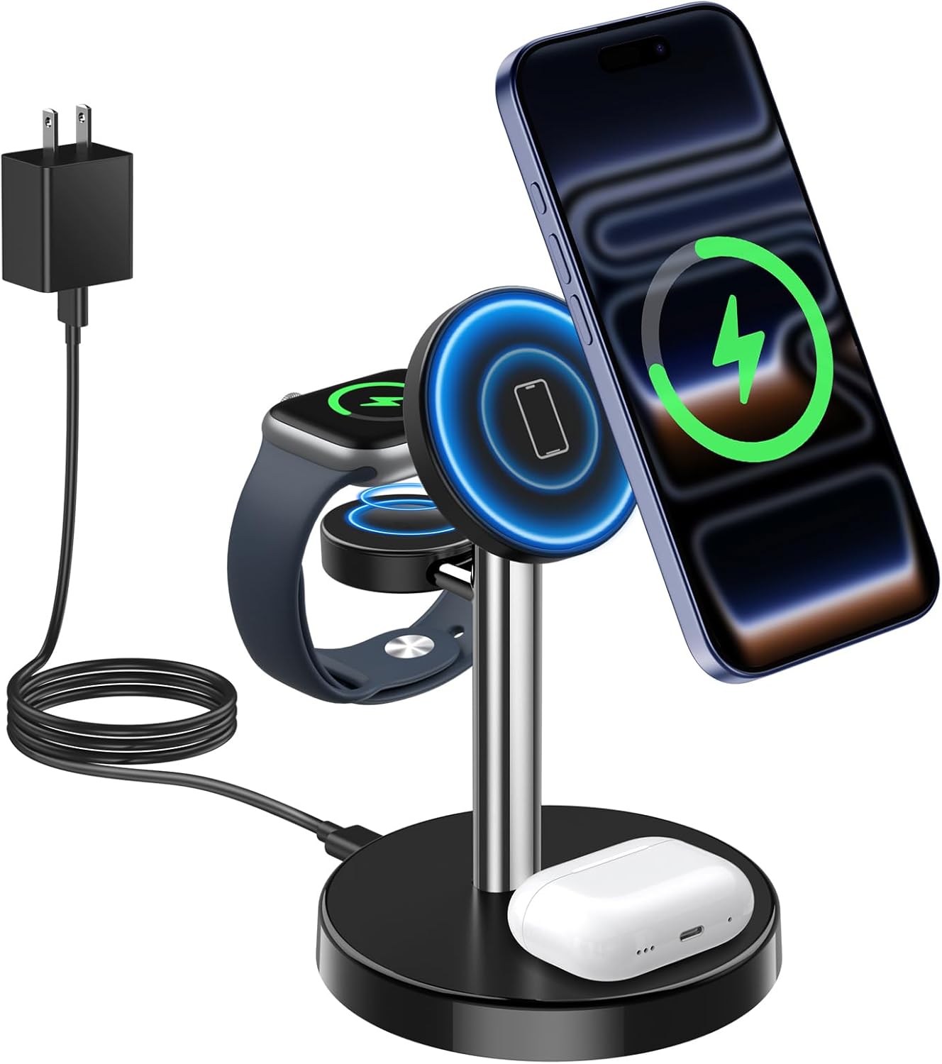 2025 3 in 1 Wireless Charging Station Compatible with MagSafe, 15W Fast Magnetic Mag-Safe Charger Stand for Apple iPhone 17 16 15 14 13 12 Series iWatch AirPods Pro 4 3 2, SilverBlack