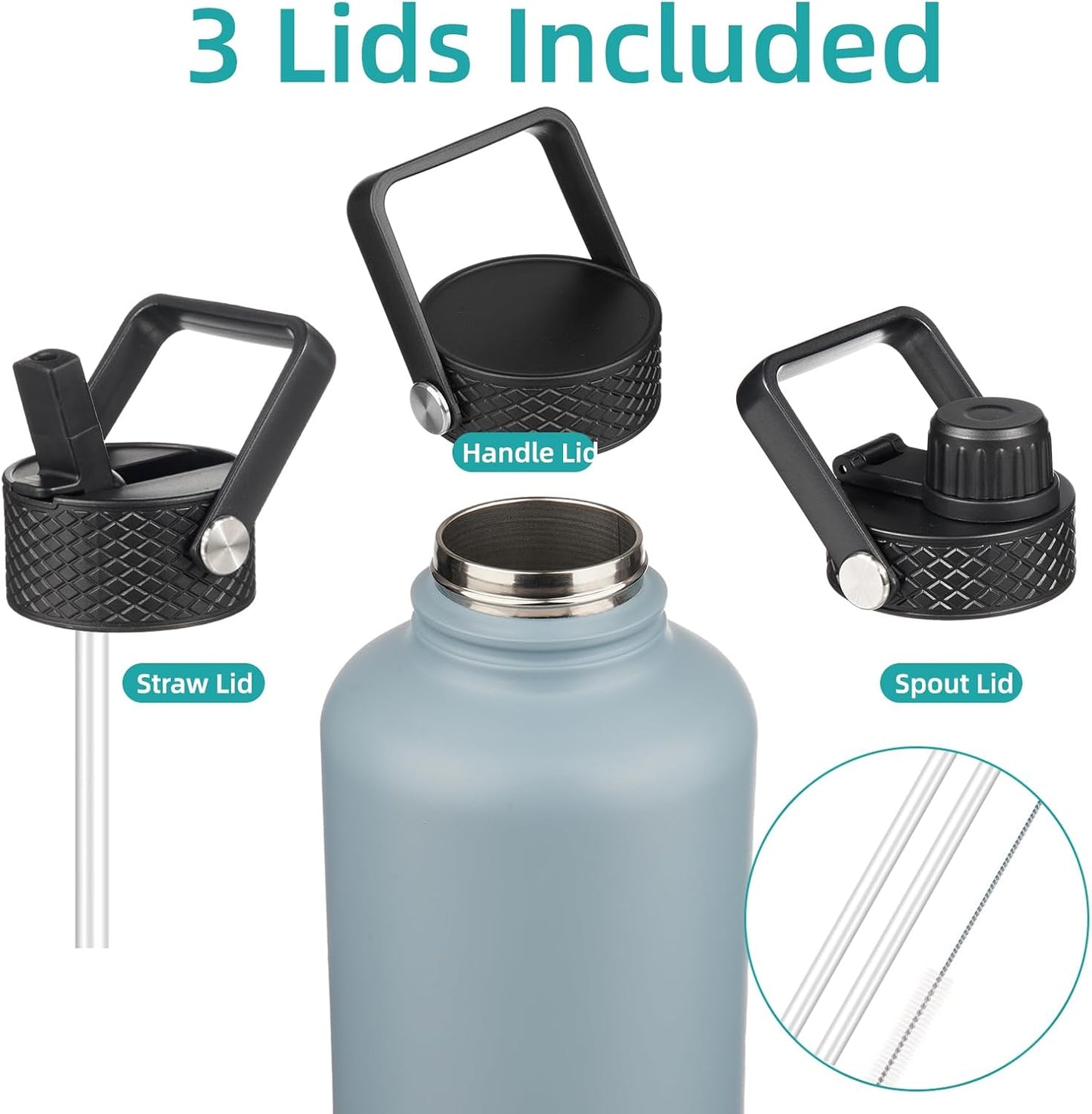 Insulated Water Bottle with Straw,50 oz 3 Lids Water Jug with Carrying Bag,Paracord Handle,Double Wall Vacuum Stainless Steel Metal Flask,Storm Blue