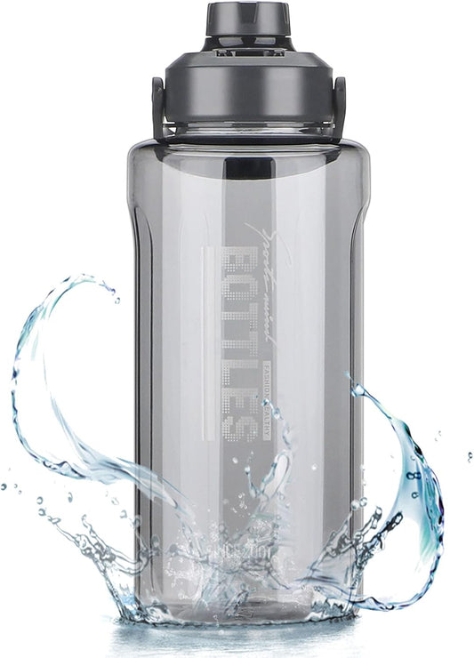 Half Gallon/64oz Water Bottle With Handle, Leak proof with removable strainer, BPA Free Fitness 2L Sports Water Jug, ensure You Drink Enough Water Daily for Gym and Outdoor Sports(Grey)