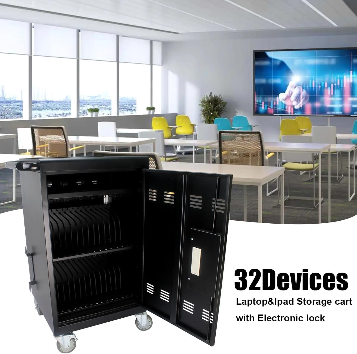 Laptop Charging Cart, 30 Laptop Storage Cart, Electronic Combination Lock,Mobile Charging Cabinet for iPads up to 16.3", Chromebook Devices, Cord Management.School,Business.Black