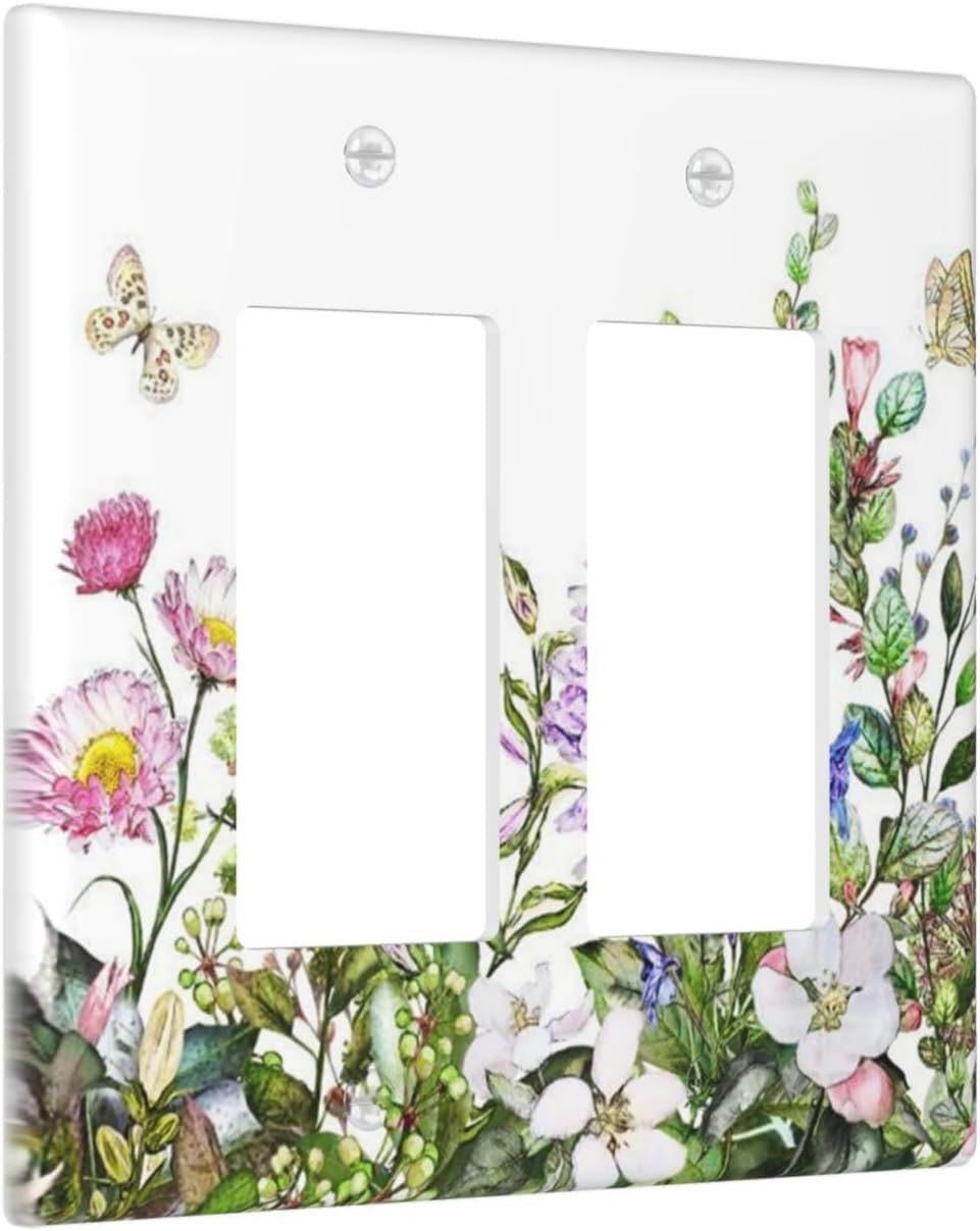 Decorative Outlet Covers Rustic Green Leaf Pink Flowers Butterfly 2 Gang Wall Plate Double Rocker Two Switch Wall Cover Plate Light Switch Cover Plate Faceplate for Country Bedroom Decor