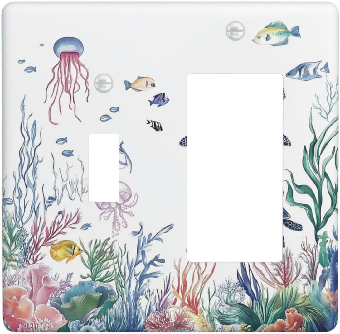 Blue Sea Turtle Ocean Fish Octopus Coral Outlet Covers 1 Toggle 1 Rocker Combination Decorative Wall Plate Electrical Switch Plates Light Switch Cover Plate For Bathroom Kids Room Decor
