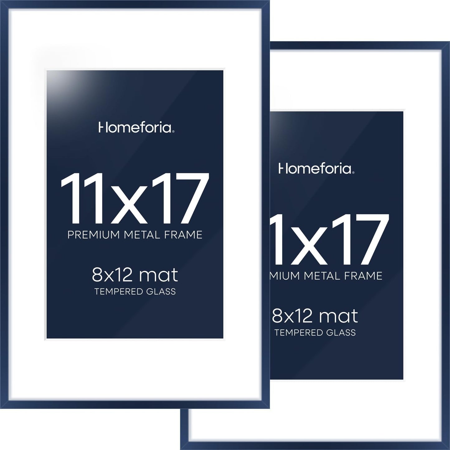 Homeforia 11x17 Picture Frame Navy Blue, High End Metal 11x17 Poster Frames with Mat 8x12 Photo, 11 x 17 Navy Blue Frames Matted to 8 by 12 Print, 17x11 Thin Frames, Tempered Glass, Wall Kit, Set of 2