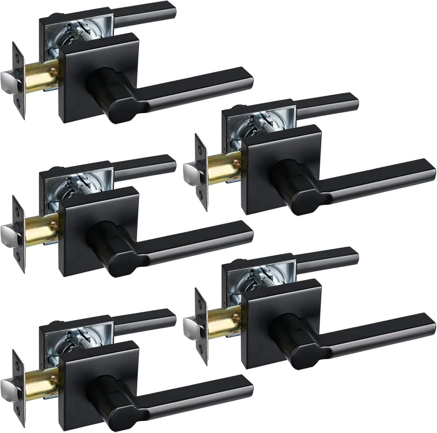 Passage Door Lever (No Lock), Heavy Duty Interior Square Handle for Hallway and Closet, Matte Black, Reversible for Right&Left Handed, 5Packs