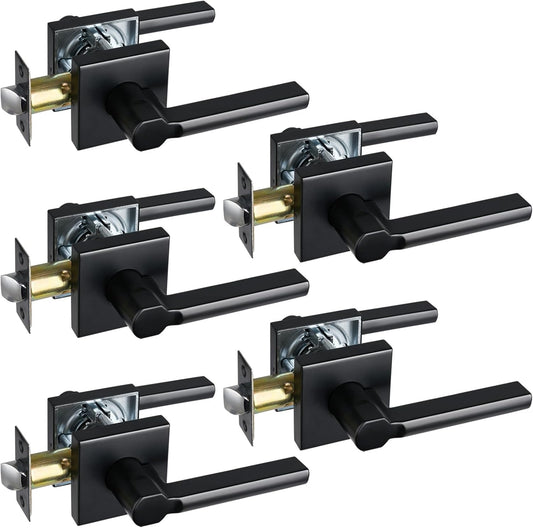 Passage Door Lever (No Lock), Heavy Duty Interior Square Handle for Hallway and Closet, Matte Black, Reversible for Right&Left Handed, 5Packs