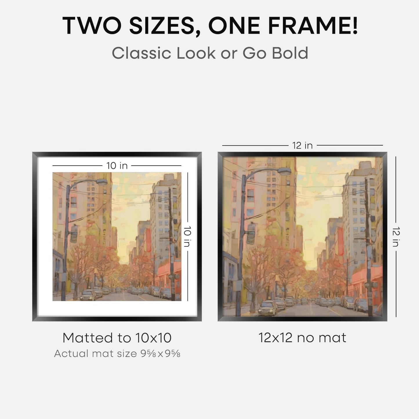 Homeforia Black 12x12 Picture Frames, High End Metal 12 x 12 Square Poster Frame with Mat 10 x 10 Photo, 12x12 Black Frame Matted to 10x10 Print, 12by12 Thin Frames, Tempered Glass, Wall Kit, Set of 4
