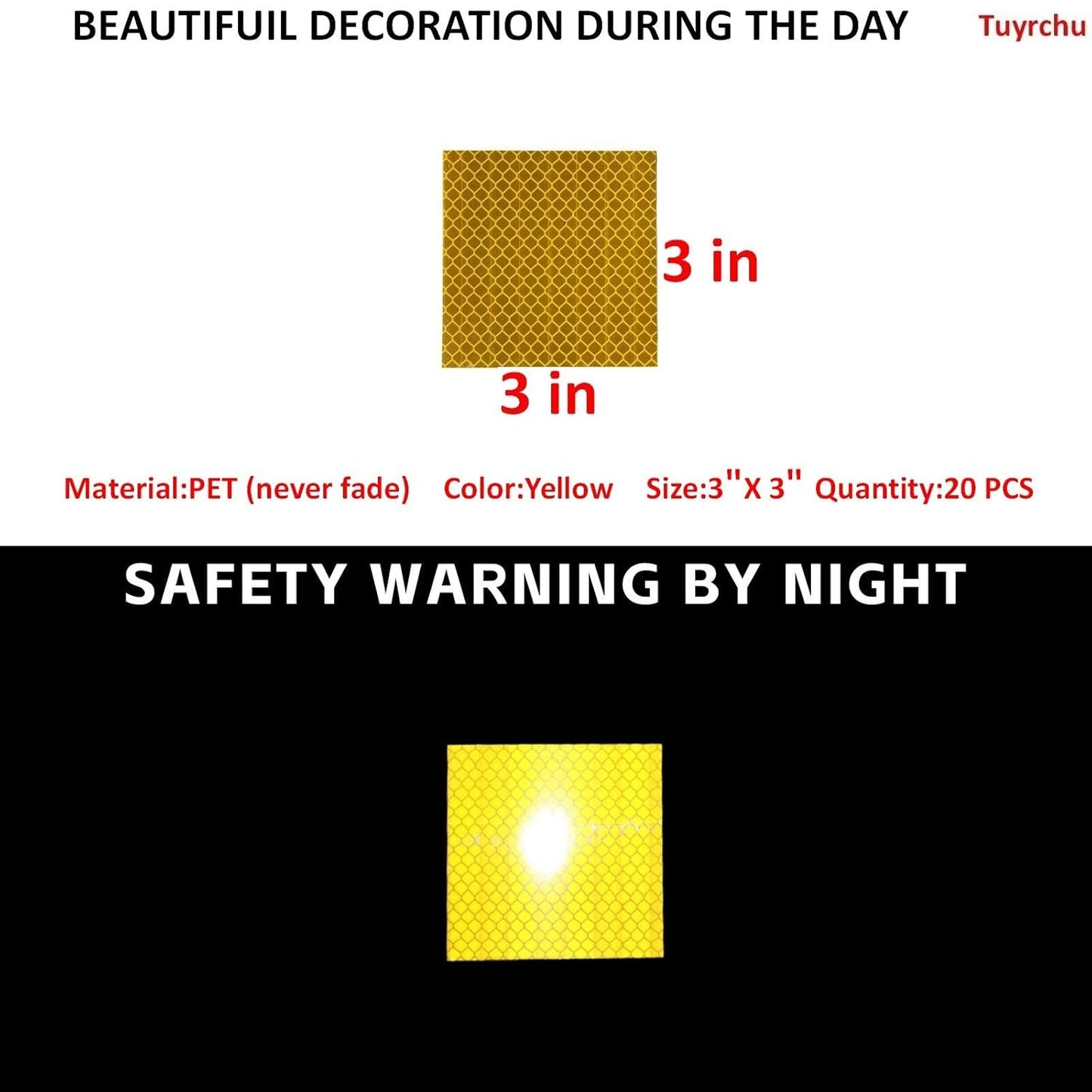 Non Fading Yellow Reflective Stickers 3 inch X 3 inch, Outdoor Waterproof High Visibility Warning Safety Adhesive Reflector Tape (20 Pcs)