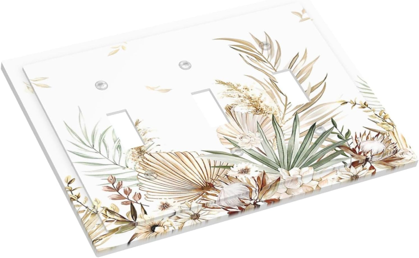 Decorative Switch Plates Boho Leaves Watercolor Tan Leaf Floral Plant 3 Gang Wall Plate Faceplate Triple Toggle Light Switch Cover Electrical Wall Panels for Bedroom Home Decor