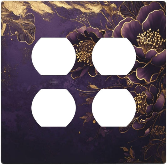 Decorative Outlet Covers Vintage Purple Peony Gold Leaf Flowers Floral 2 Gang Wall Plate Double Duplex Light Switch Cover Switch Plate Covers Faceplate for Bedroom Home Decor