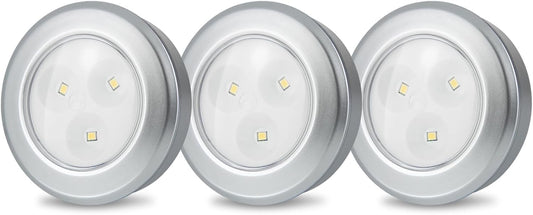 LUXSWAY Puck Light, LED Tap Light Push Lights, Battery Operated Stick On Night Light, Portable Under Cabinet Lights and Counter Lighting for Kitchen Sink, Shelf, 3-Pack, Silver