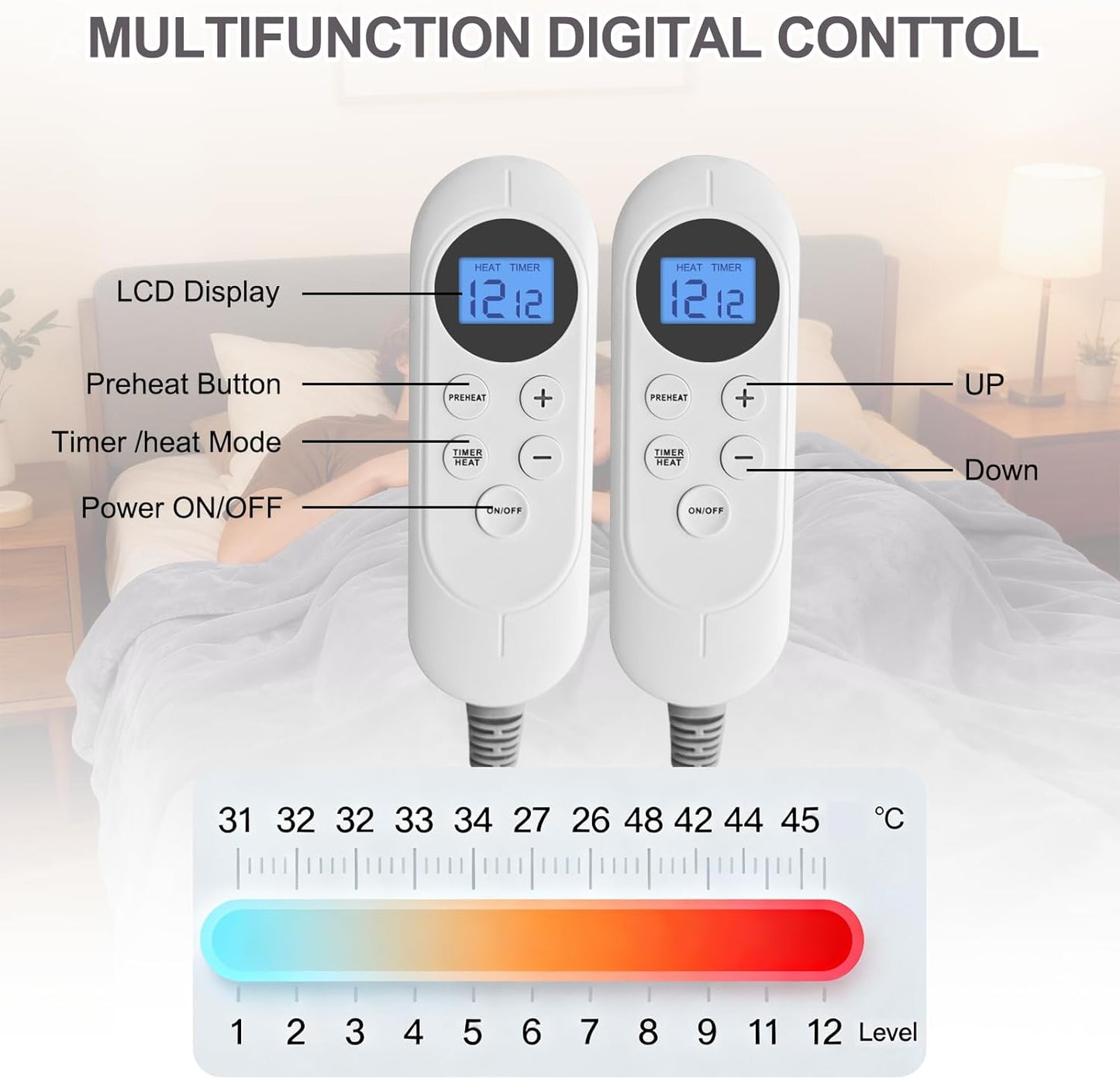 Heated Blanket Electric Blanket Queen 84"x90" Dual Control Flannel Heating Blanket with 12 Heat Levels 12H Timer Auto Shut-Off Overheat Protection Soft & Cozy Machine Washable (Queen (84"x90"))