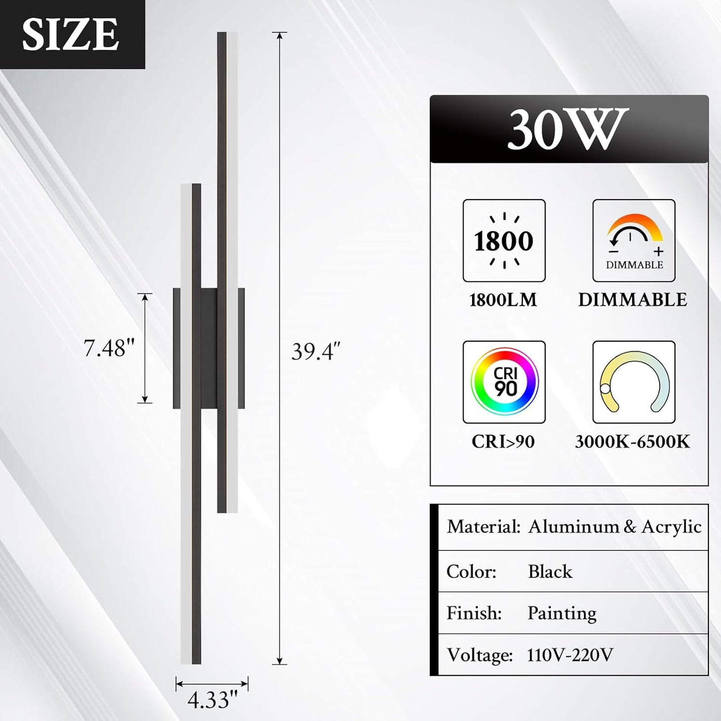 LED Wall Sconce Black Modern Remote Wall Light Fixtures for Living Room, Dimmable LED Vanity Light Indoor Remote Wall Sconce for Bedside Bedroom Bathroom Dining Room, 39.4inch 1 Pack