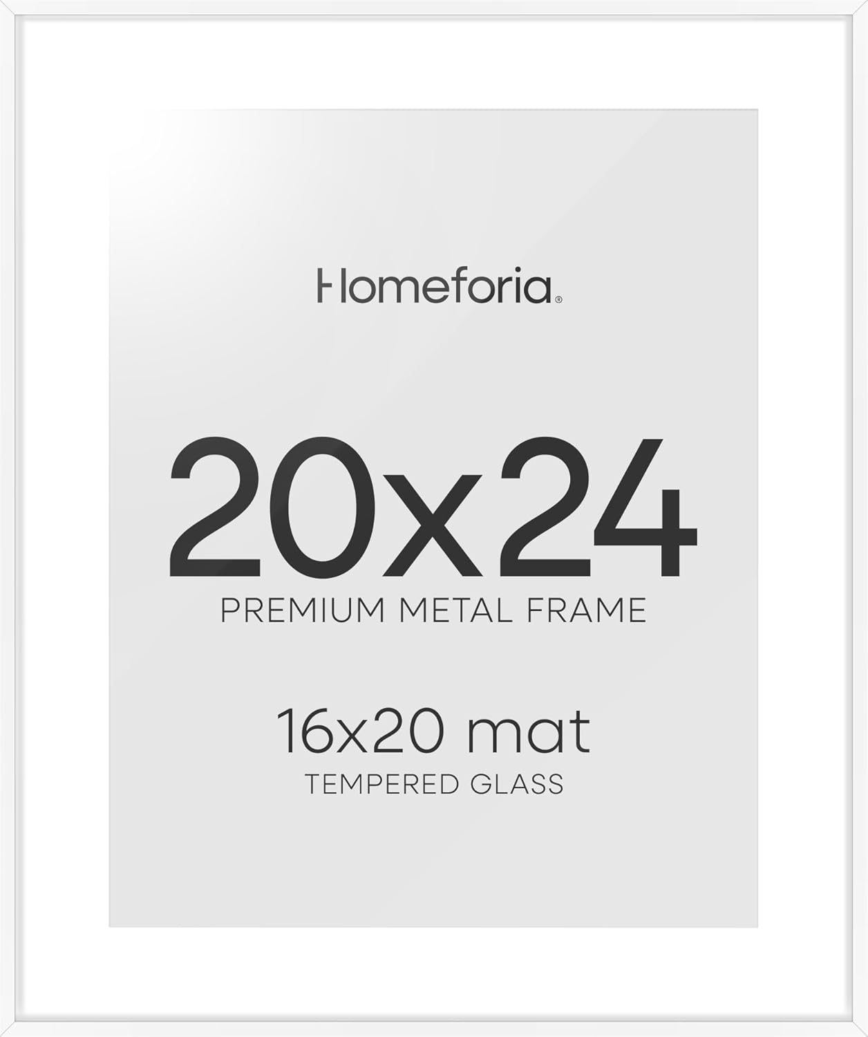 Homeforia 20x24 Picture Frame White, High End Metal 20x24 Frame Matted to 16x20 Print, 20 x 24 White Poster Frames with Mat 16 by 20 inch Photo, 24x20 Hanging Frame, Tempered Glass, Wall Kit, Set of 1