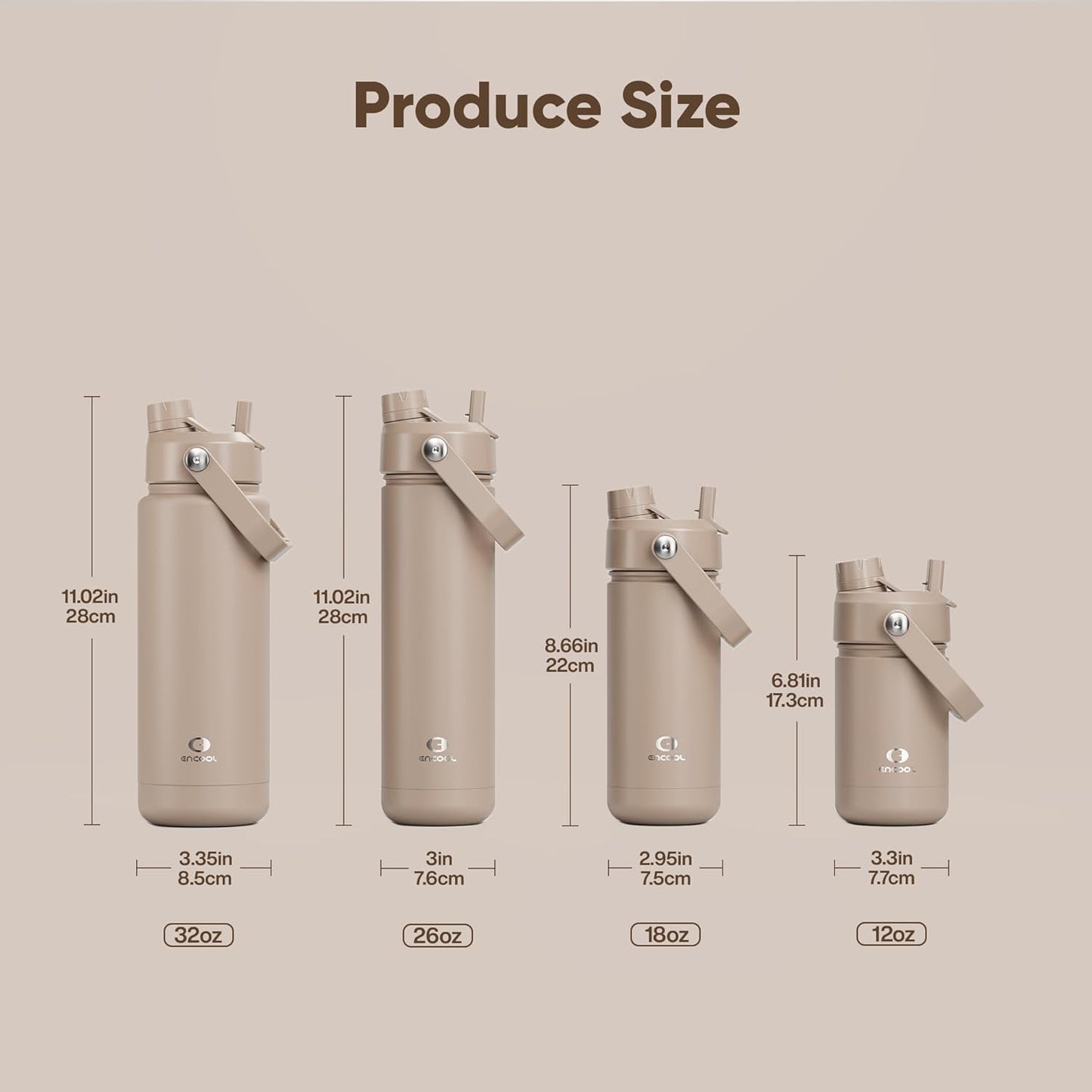 ENCOOL Insulated Water Bottle with Straw Stainless Steel Water Bottle, Leak-Proof, BPA-Free, Double Wall Vacuum Keeps Cold for 24 Hours for Sports, Travel, School (26 oz, Raw Umber)