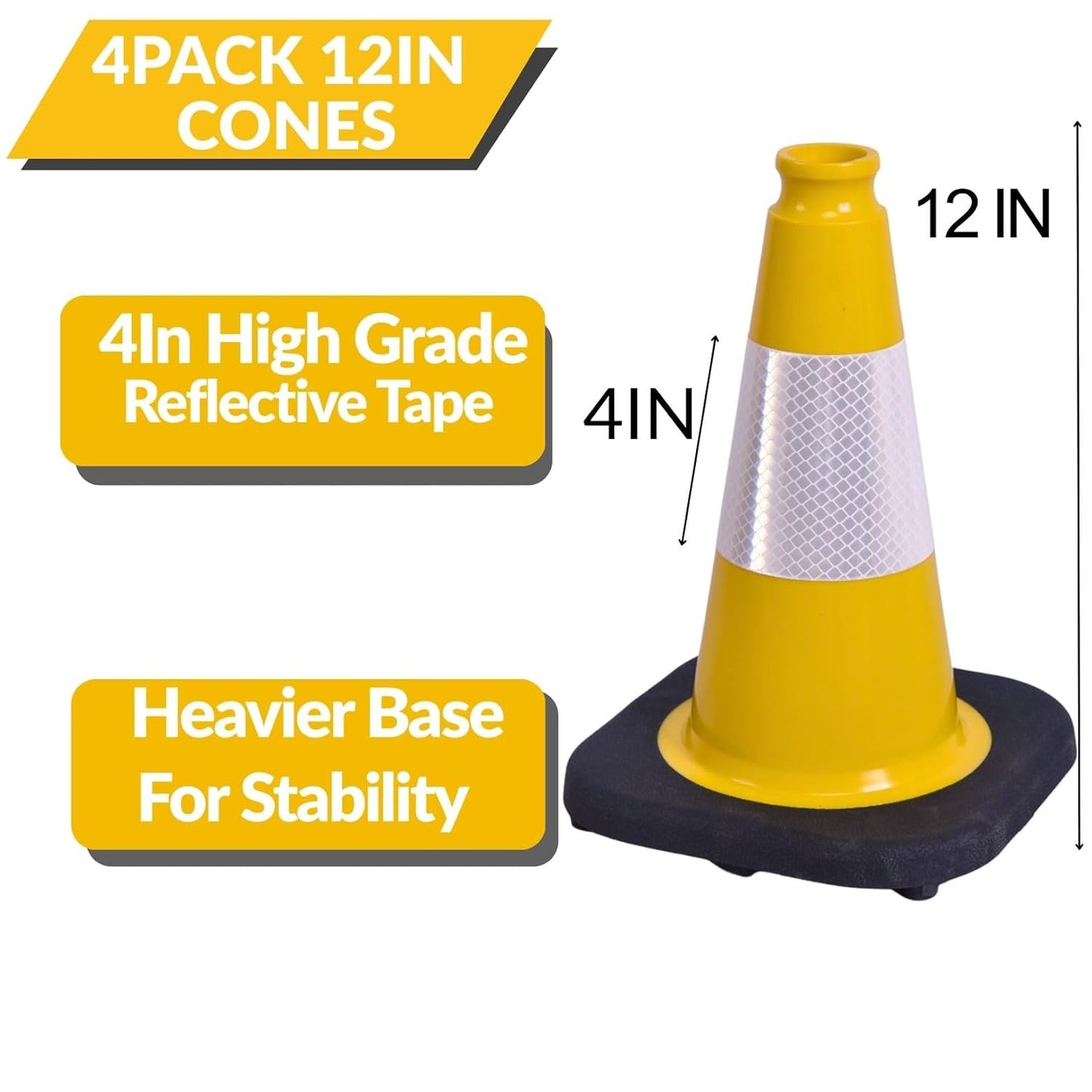 BESEA 4Pack 12 Inch Yellow Traffic Cones with 4 Inch Reflective Collar, Heavy Duty PVC Safety Cones with 8.5 x 8.5 Inch Base for Parking, Driving Practice, Sports Training, and Construction