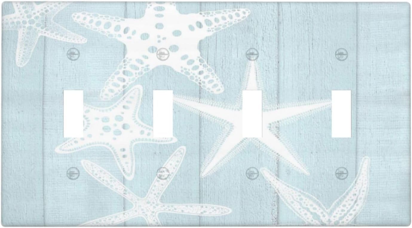 Beach Starfish Vintage Wood Rustic Country Ocean Light Switch Covers Quad Toggle Electrical Faceplate 4 Gang Wall Plate Decorative Switch Plates Cover for Farmhouse Kids Room Decor