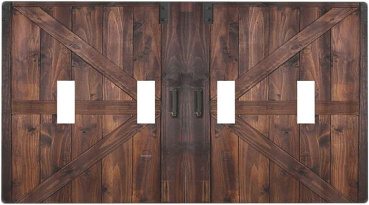 Decorative Light Switch Cover Plate Vintage Brown Farmhouse Barn Door 4 Gang Wall Plates for Electrical Outlets Quad Toggle Switch Plate Covers Outlet Covers Faceplate for Bedroom Home Decor