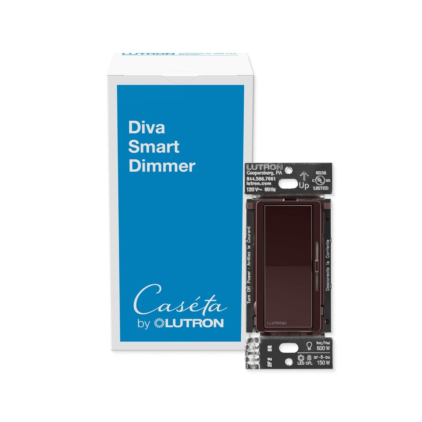 Lutron Diva Smart Dimmer Light Switch for Caseta Lighting (Lutron Smart Hub Required), for LED Lights, 150W, Single-Pole/3-Way, No Neutral, Brown (DVRF-6L-BR)
