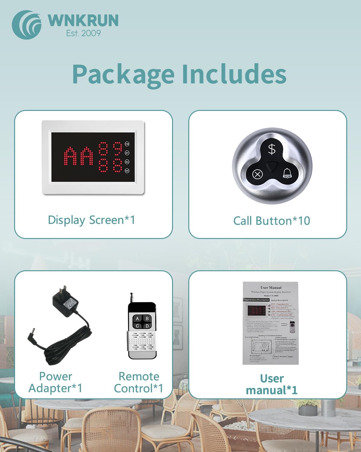 Wireless Calling System Call Waiter Restaurant Pager System with 1 Number Display and 10 3-Key Waterproof Call Buttons for Restaurant Bar Cafe Customer Service