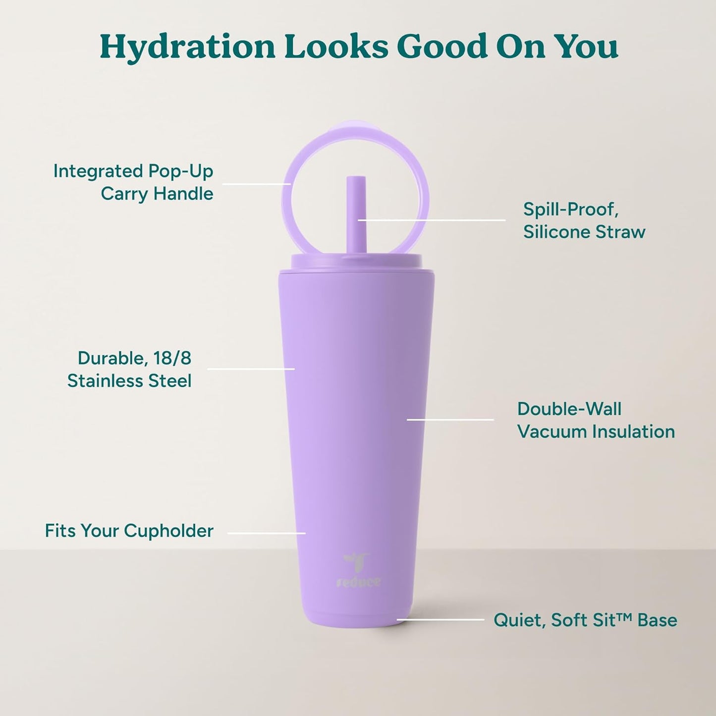 REDUCE Halo 32 oz Stainless Steel Vacuum Insulated Tumbler - Spill Proof Travel Mug with Flip Handle Lid - Keeps Drinks Cold for 32 Hrs - Dishwasher Safe - Cupholder Friendly - Purple Punch