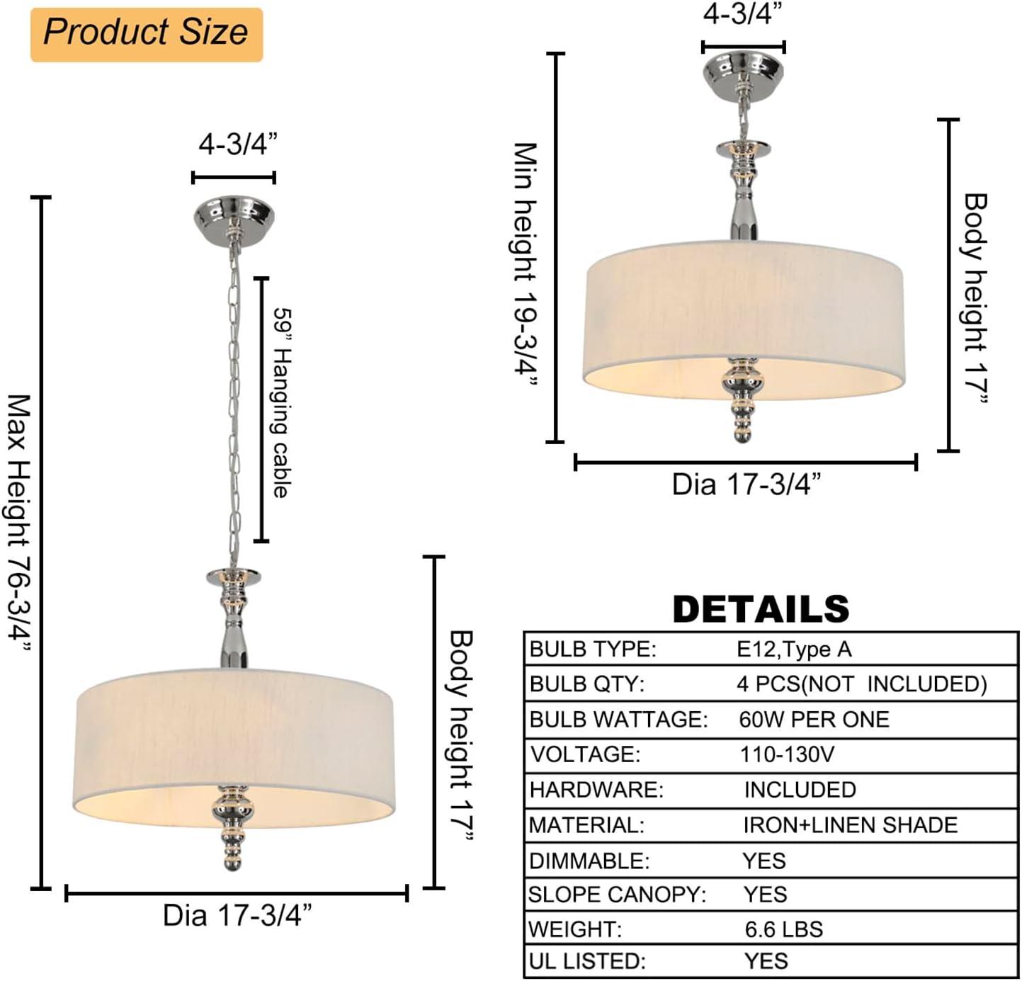 4-Light Drum Chandeliers, Drum Pendant Light Fixture Beige Linen Fabric Shade, Kitchen Chandeliers Over Table,Adjustable Hanging Light Fixture for Dining Room,Brushed Nickel