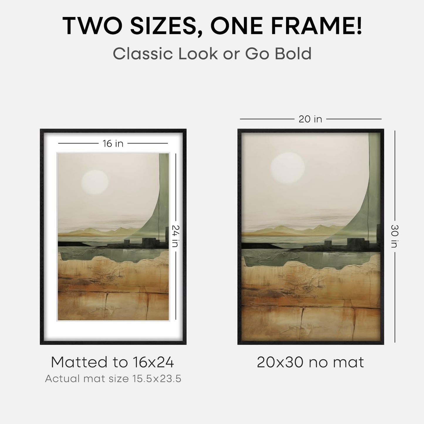 Homeforia 20x30 Black Wood Frame, High End Oak 20x30 Wooden Picture Frames with Mat 16x24 Photo, 20 x 30 Poster Frame Matted to 16 by 24 Print, 30x20 Hanging Frames, Tempered Glass, Wall Kit, Set of 2