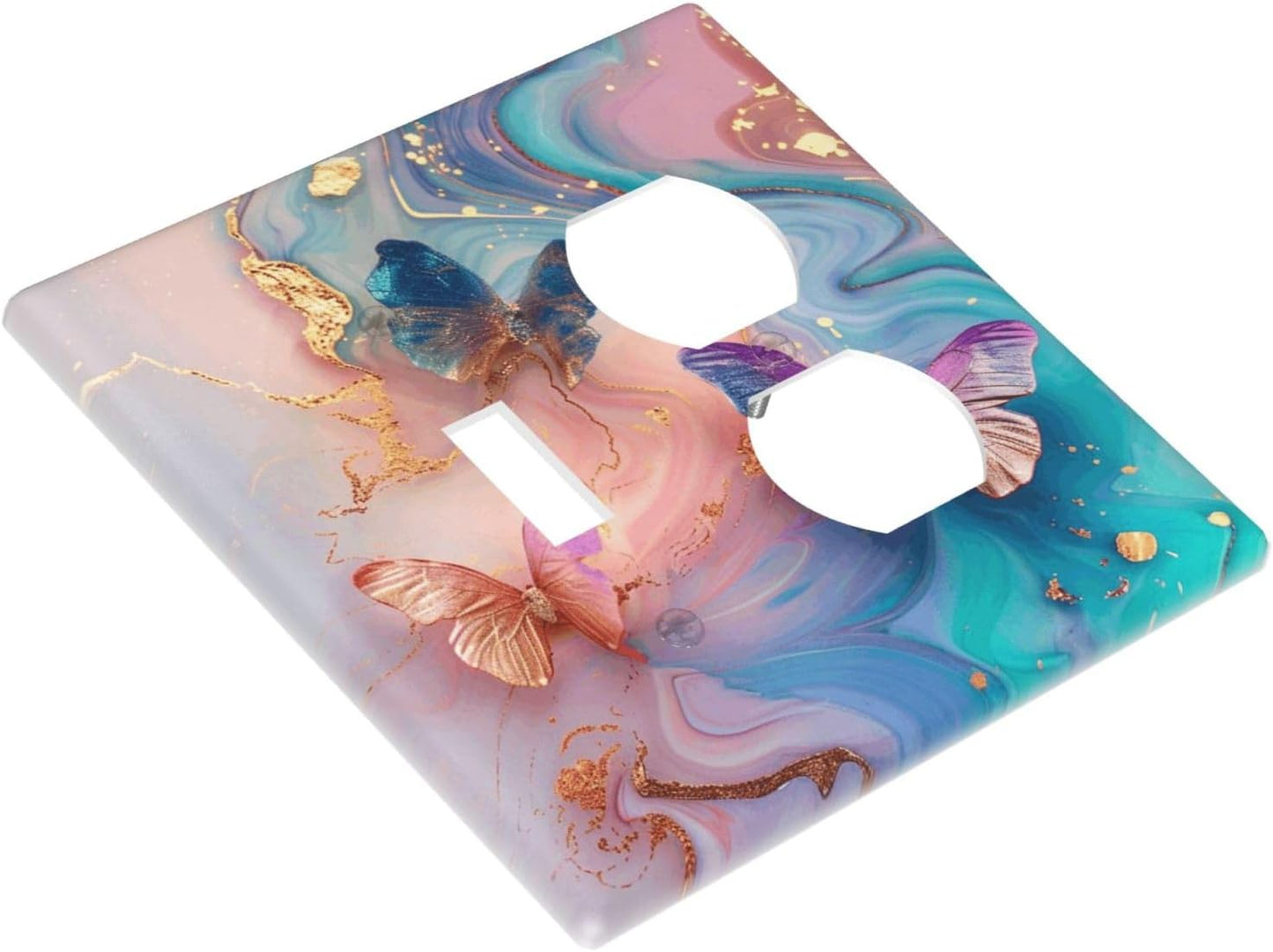 Colorful Marble Butterfly Gold Glitter Abstract Print Wallplates 1 Toggle 1 Duplex Switch Plate Electrical GFCI Faceplate Decorative Light Switch Covers for Bed Room Living Room Decor