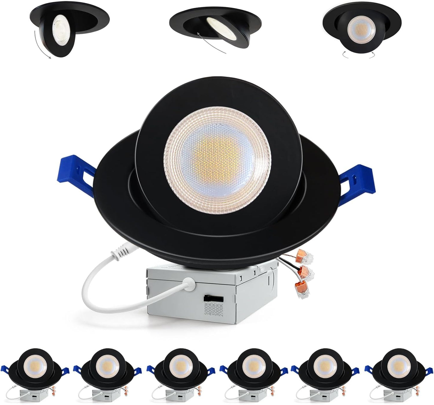 Adetu Led Recessed Lighting 6 inch, 360°+90° Adjustable Directional Gimbal 6 inch Led Recessed Light, 2700K-5000K 5CCT Dimmable Retrofit Eyeball Can Recessed Lights with Jbox, ET (Black,6 Pack)