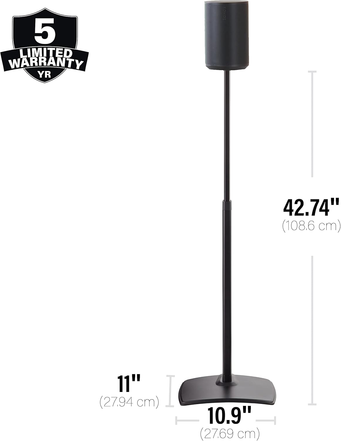 Sanus Speaker Stand for Sonos Era 100 Speakers - Height Adjustable Single Stand w/Easy 3 Step Install - Includes Rubber Feet & Carpet Spikes - Black
