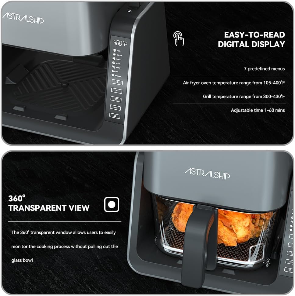 Astralship 2-in-1 Glass Air Fryer & Grill Combo, 4.2 QT + 1.3 QT Capacity, 7 Digital Presets, Small, Non-Toxic See-Through Glass Bowl, Low-Oil Healthy Cooking, Easy to Clean, Multi-Function Design