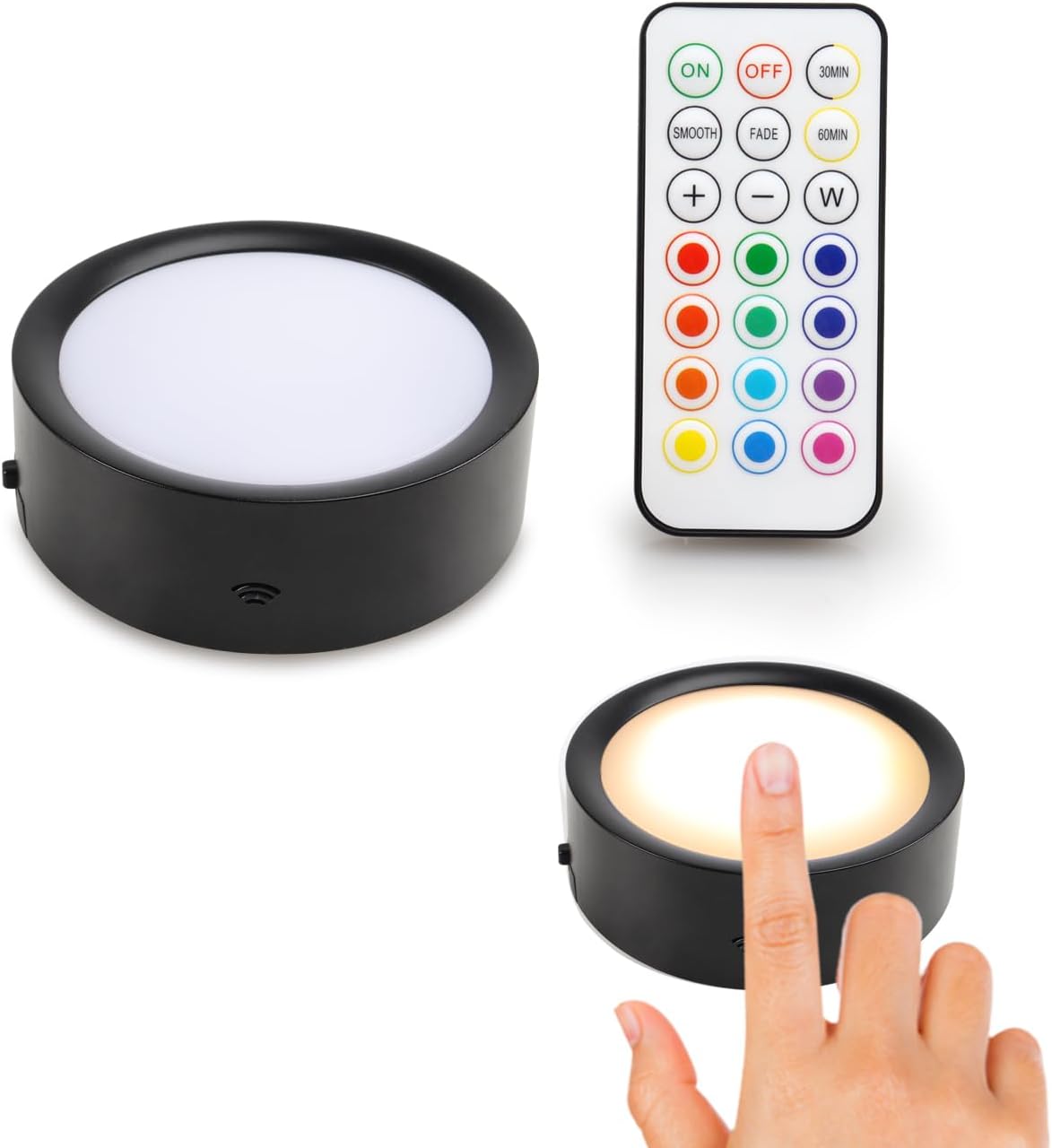 DAMI Under Cabinet Lighting with Remote Control, Rechargeable Battery Operated Wireless Shelf Lights, Locker Lights Magnetic Stick on Tap, Color Changing Puck Lights for Kitchen, 6 Pack, Black