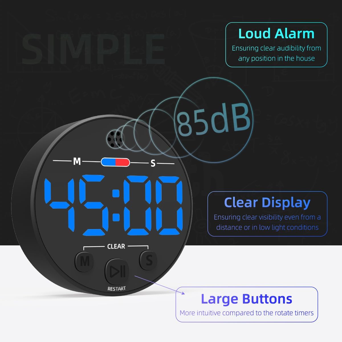 Large LED Digital Timer, Magnetic Countdown Loud Timer for Kitchen Cooking, Classroom Whiteboard, Kids, Toddler, Game, Productivity, Focus, Work, Task, Office, Meeting – Small, Simple, Visual, Blue