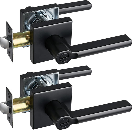Privacy Door Lever, Heavy Duty Bathroom Bedroom Handle Lock, Keyless Interior Knobs, Matte Black, Reversible for Right&Left Handed, 2Packs