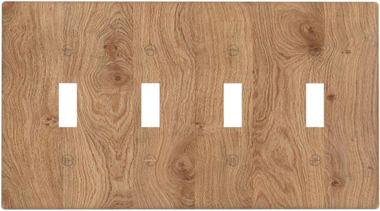 Light Switch Covers Vintage Rustic Wood Color Brown Wood Grain Quad Toggle 4 Gang Wall Plate Electrical Faceplate Decorative Switch Plates for Farmhouse Cabin Decor