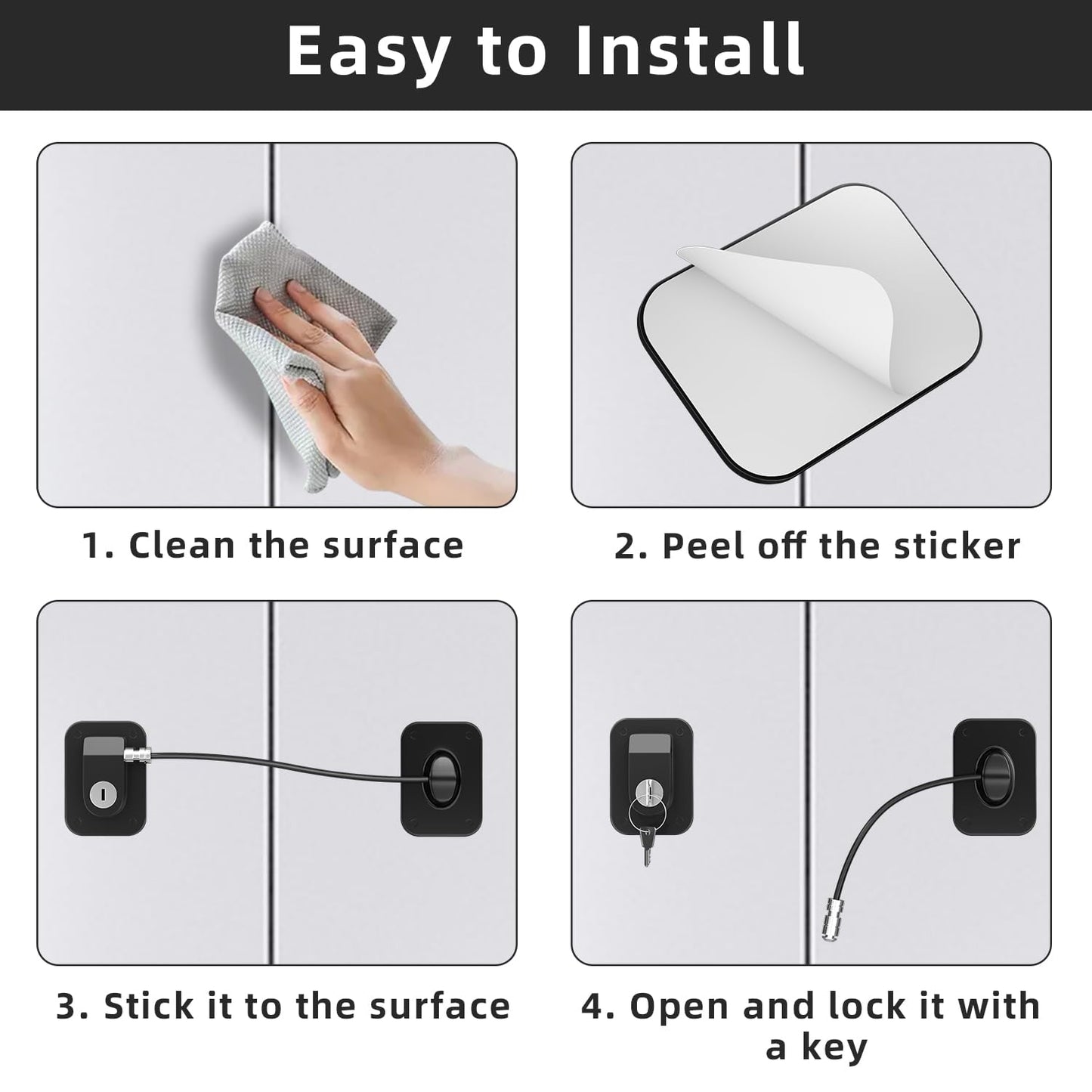 Refrigerator Lock 2 Packs, Fridge Lock with Silicone Wire Protection Fridge Locks for Kids Easy to Use and Install Cabinet Locks with Key, Black